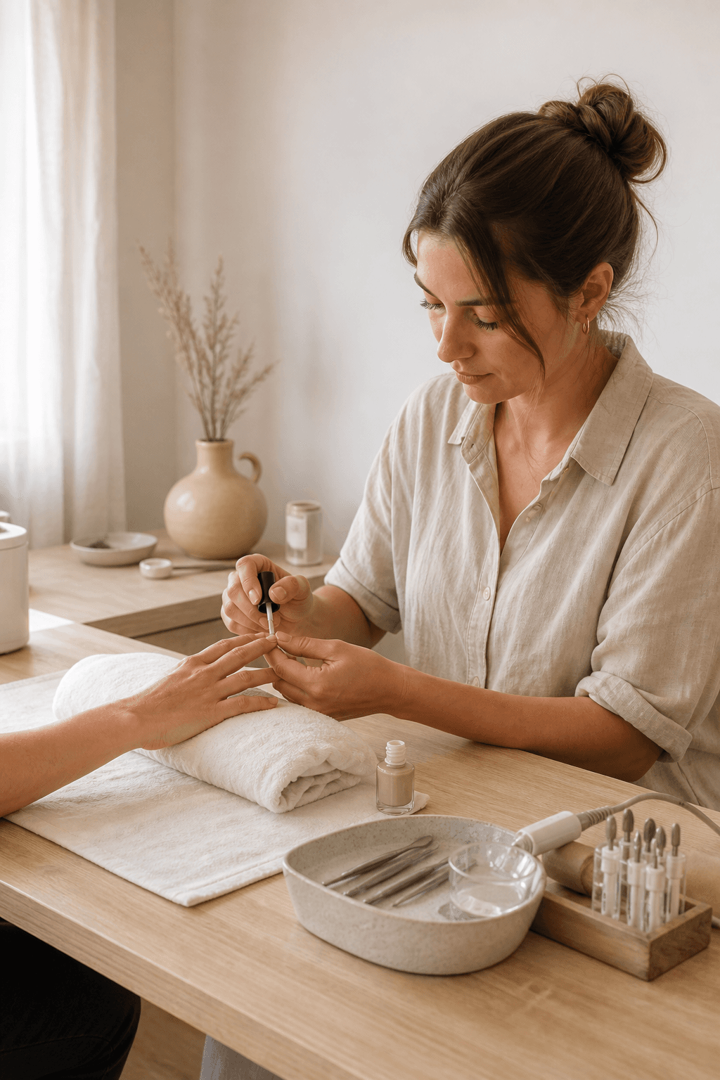 Wyjona werkt aan de gelnagels van een klant in haar salon aan huis